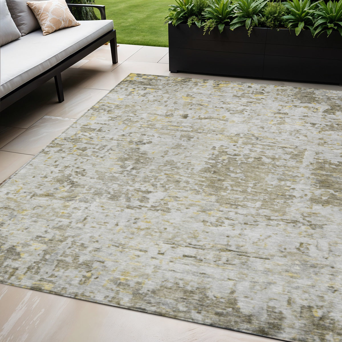 5' X 8' Taupe Light Yellow And Ivory Abstract Washable Indoor Outdoor Area Rug