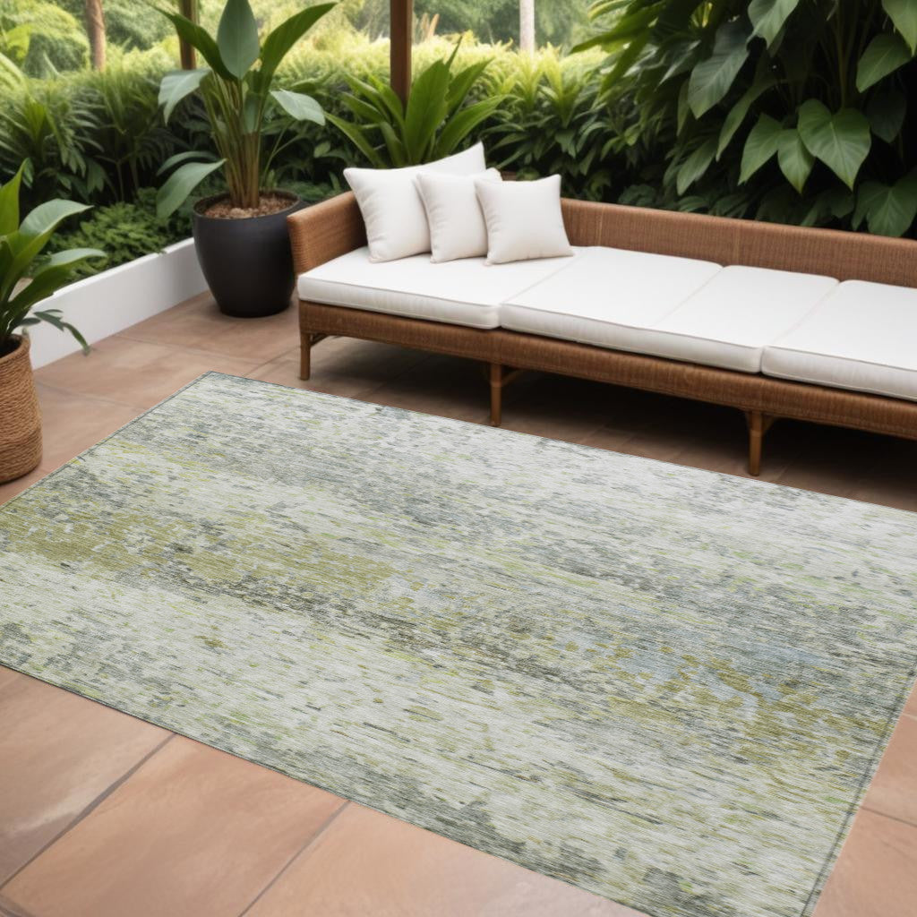 10' X 14' Artichoke Green Gray And Ivory Abstract Washable Indoor Outdoor Area Rug