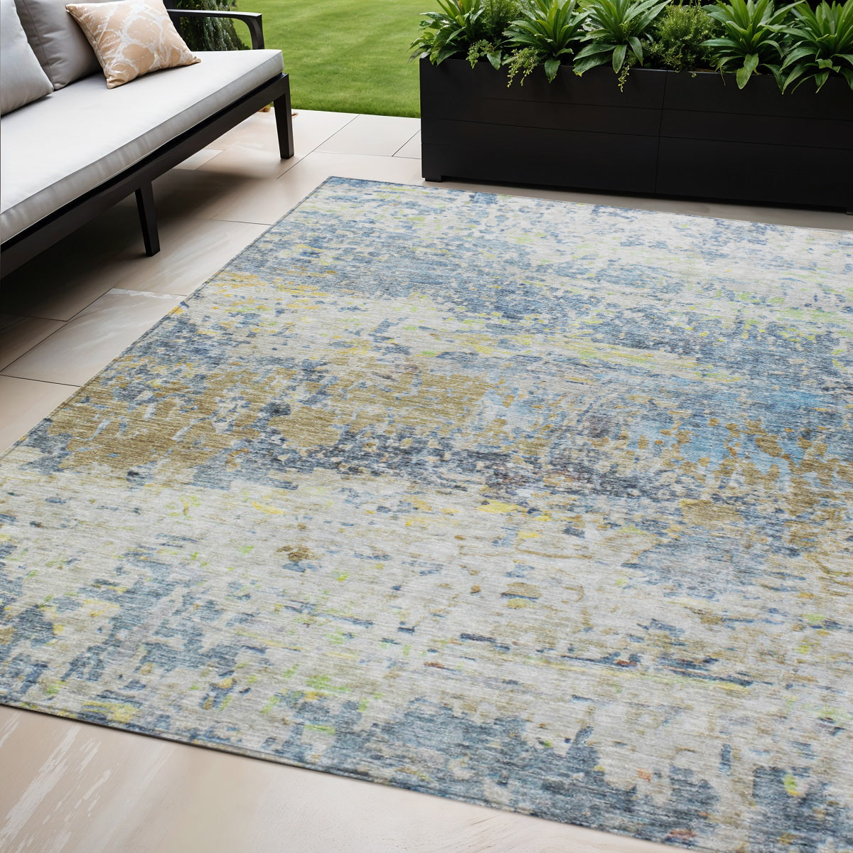 5' X 8' Blue Green And Ivory Abstract Washable Indoor Outdoor Area Rug