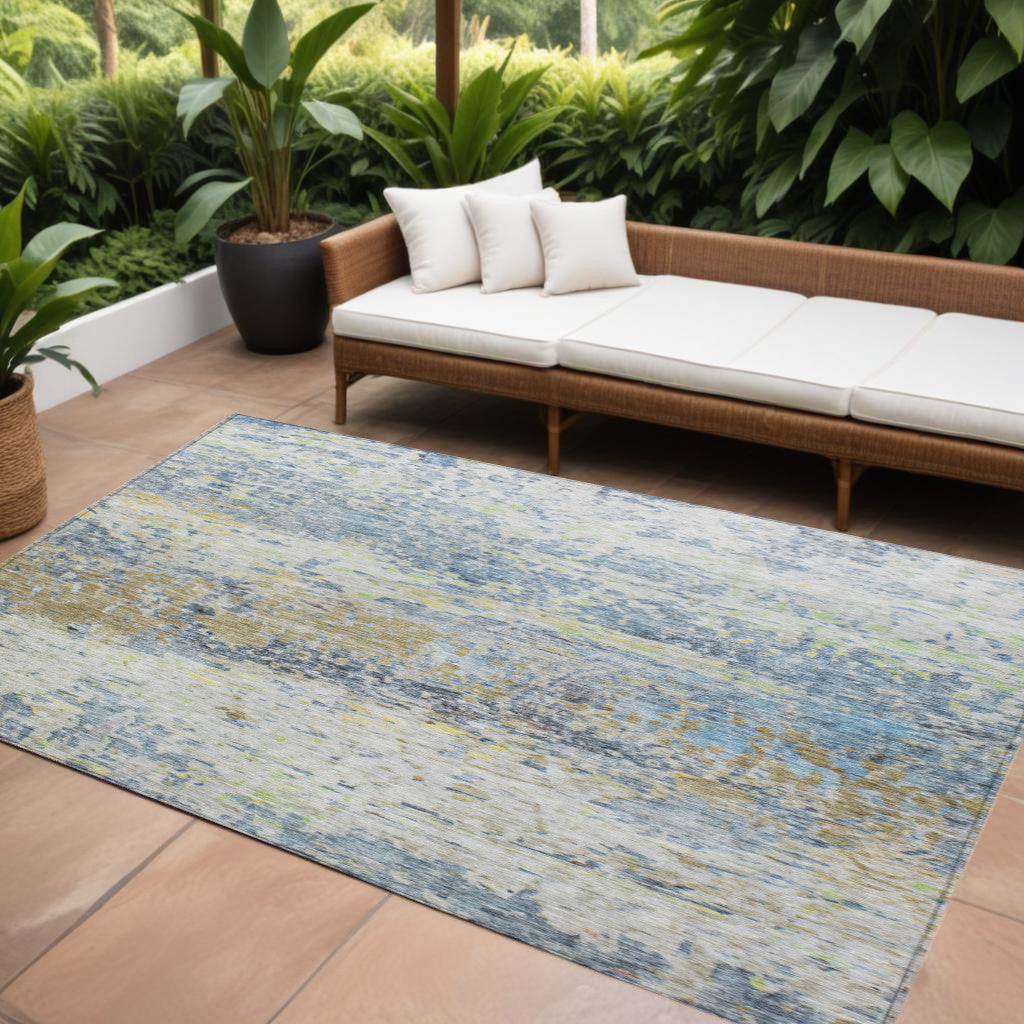 10' X 14' Blue Green And Ivory Abstract Washable Indoor Outdoor Area Rug
