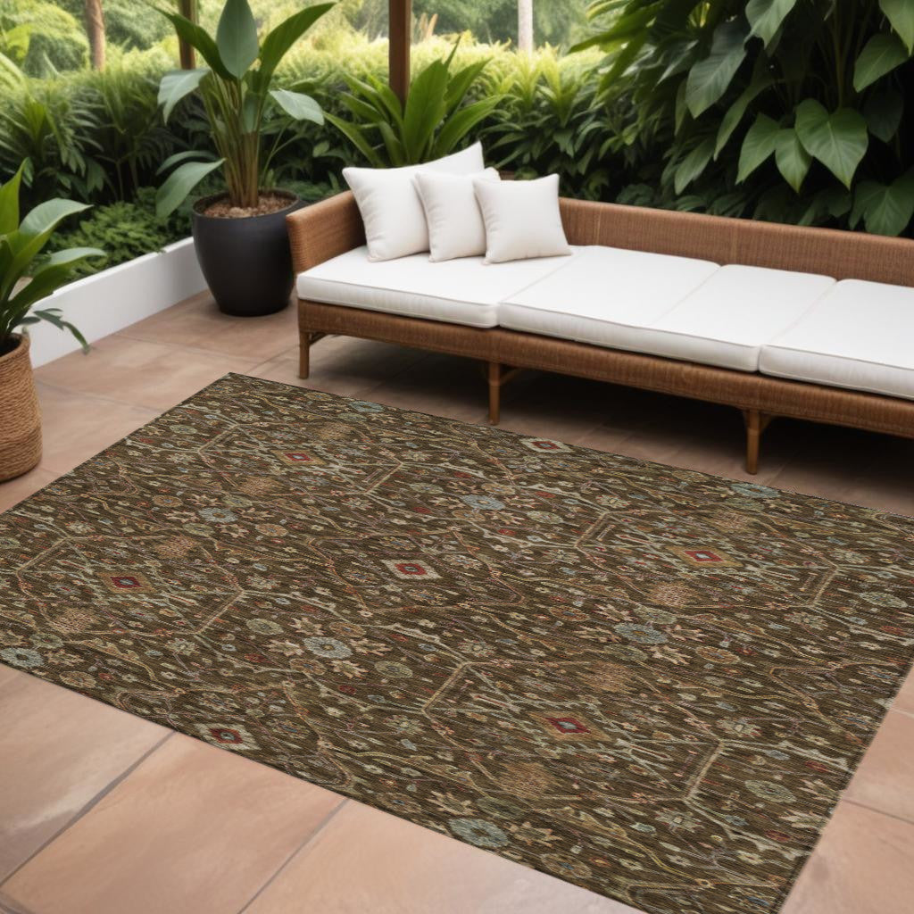 10' X 14' Chocolate Red And Green Floral Washable Indoor Outdoor Area Rug