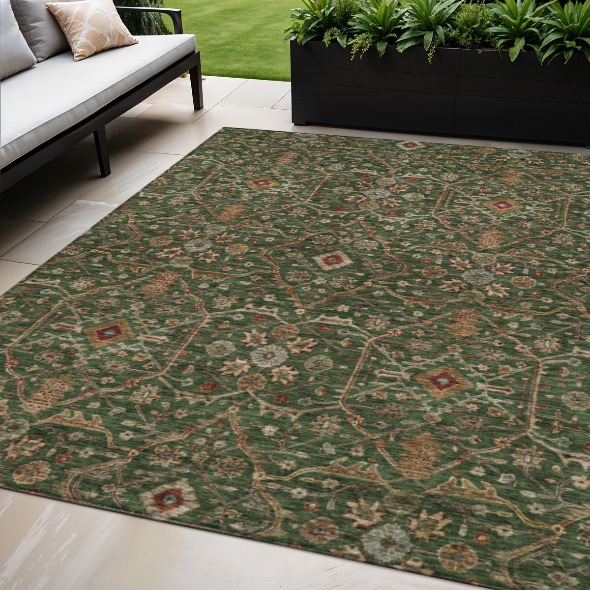 5' X 8' Emerald Brown And Red Floral Washable Indoor Outdoor Area Rug