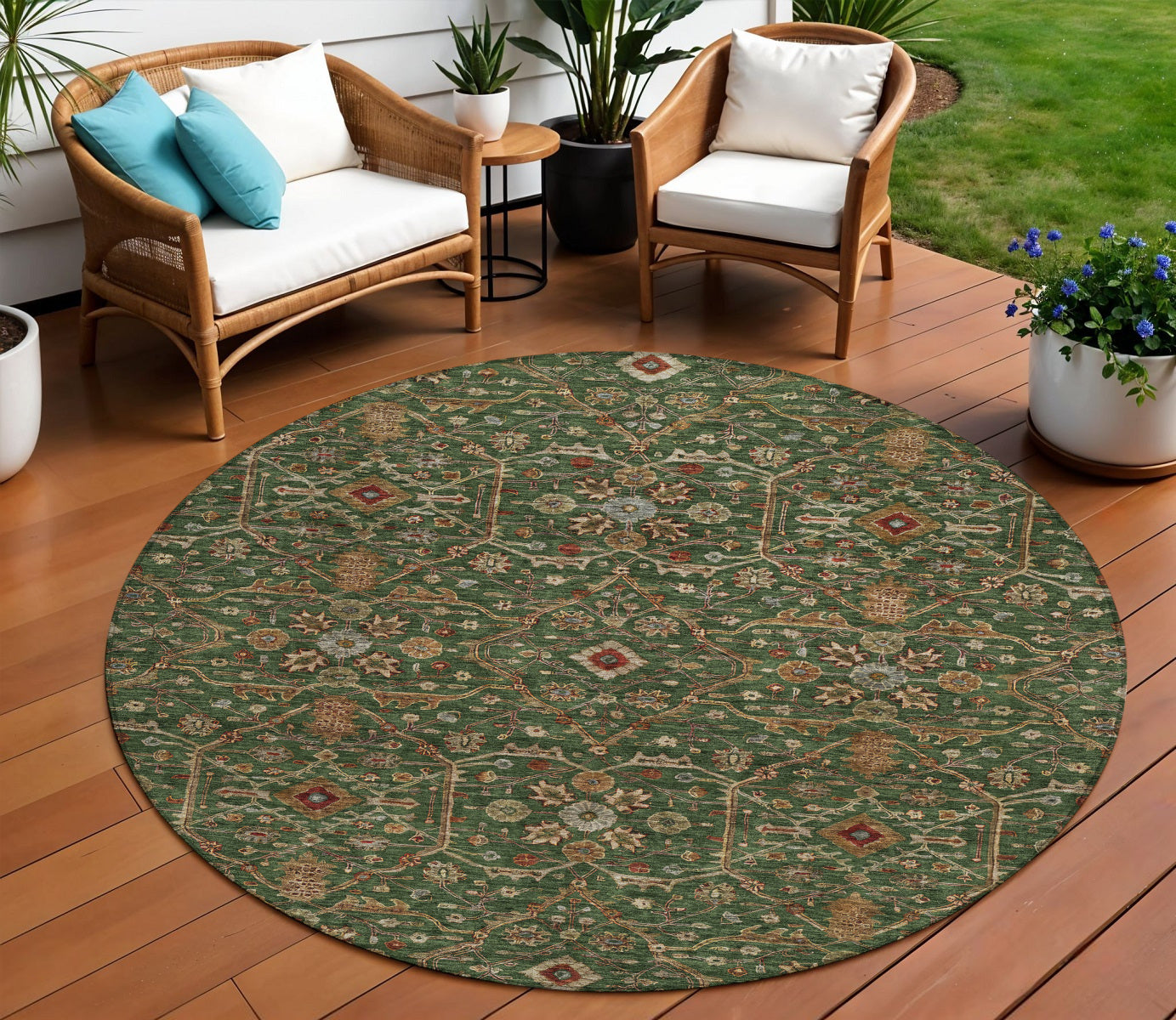 8' Emerald Brown And Red Round Floral Washable Indoor Outdoor Area Rug