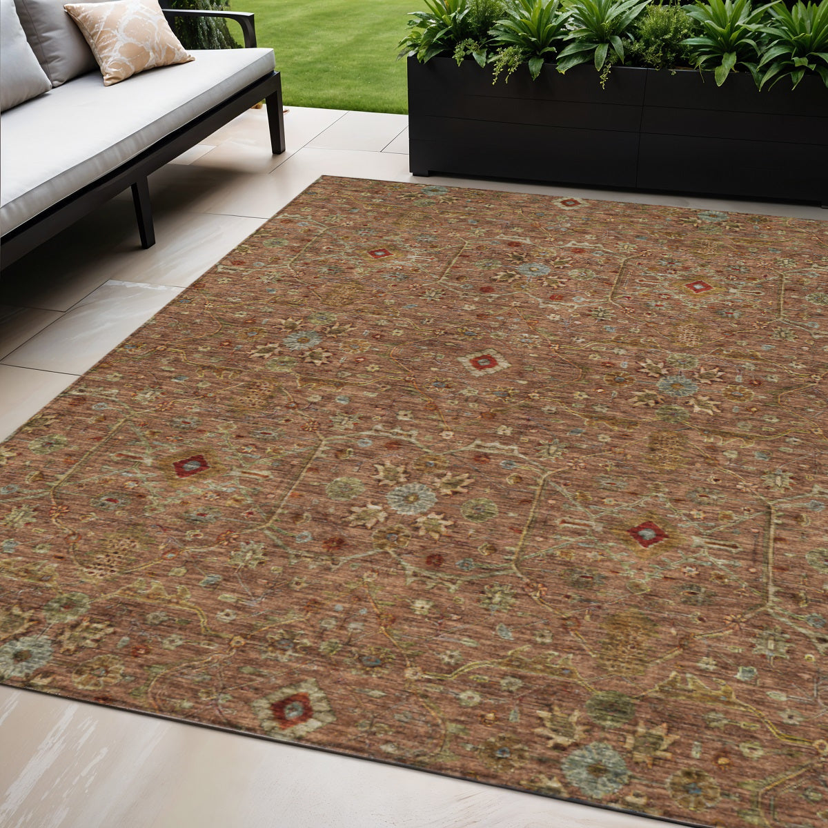 5' X 8' Brown Red And Green Floral Washable Indoor Outdoor Area Rug