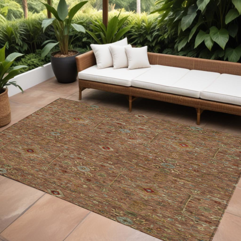 9' X 12' Brown Red And Green Floral Washable Indoor Outdoor Area Rug