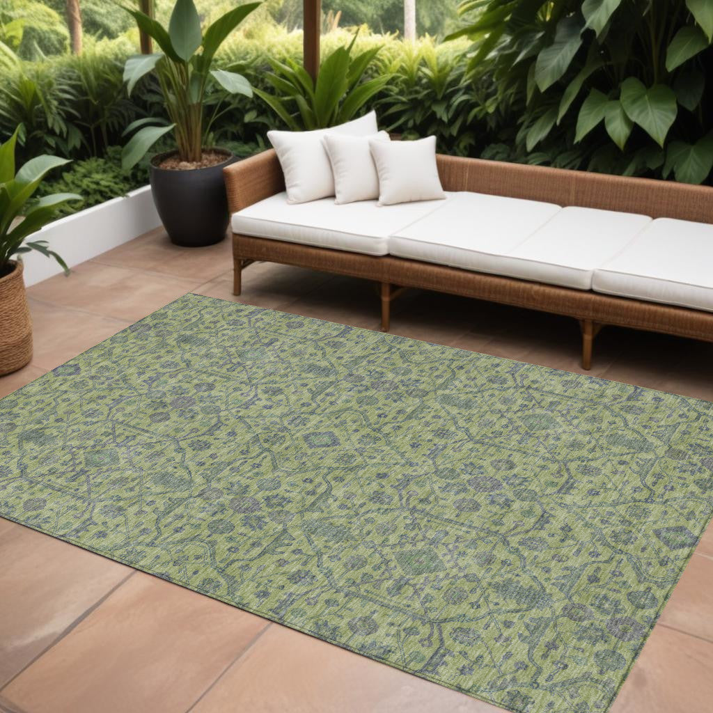 9' X 12' Lime Green And Gray Floral Washable Indoor Outdoor Area Rug