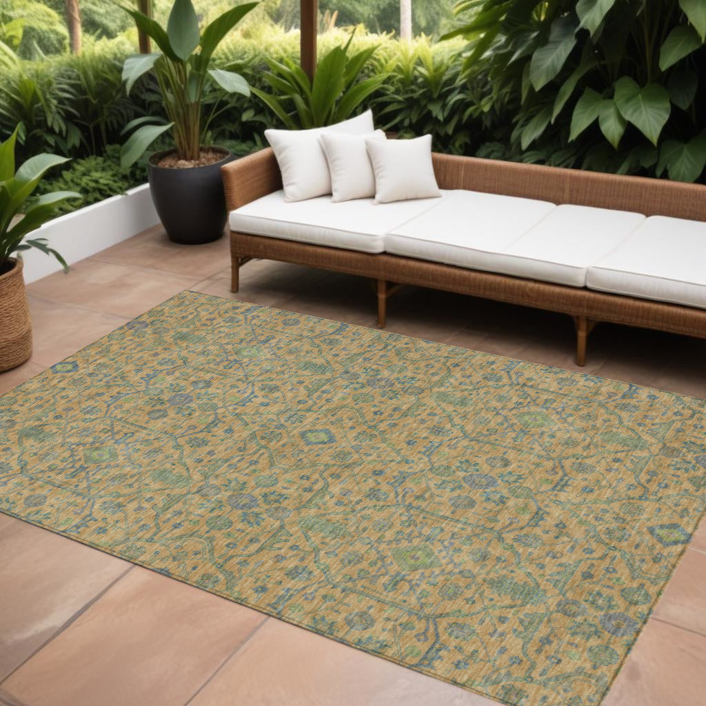 9' X 12' Orange Blue And Green Floral Washable Indoor Outdoor Area Rug