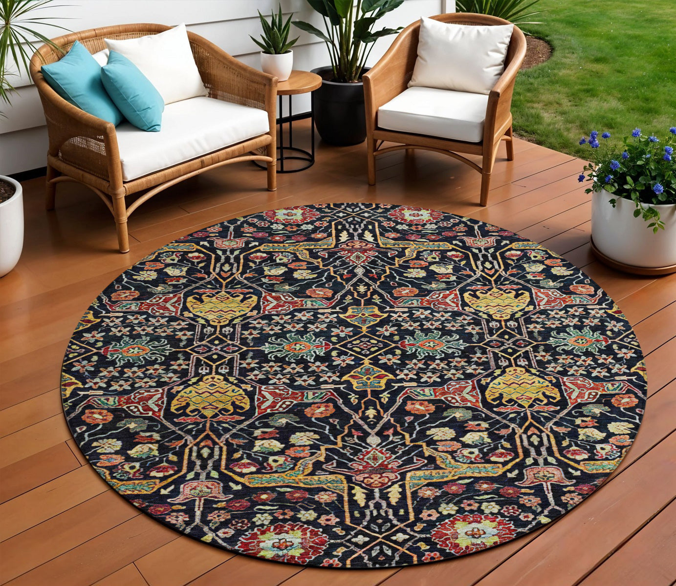 8' Black Red And Gold Round Floral Washable Indoor Outdoor Area Rug