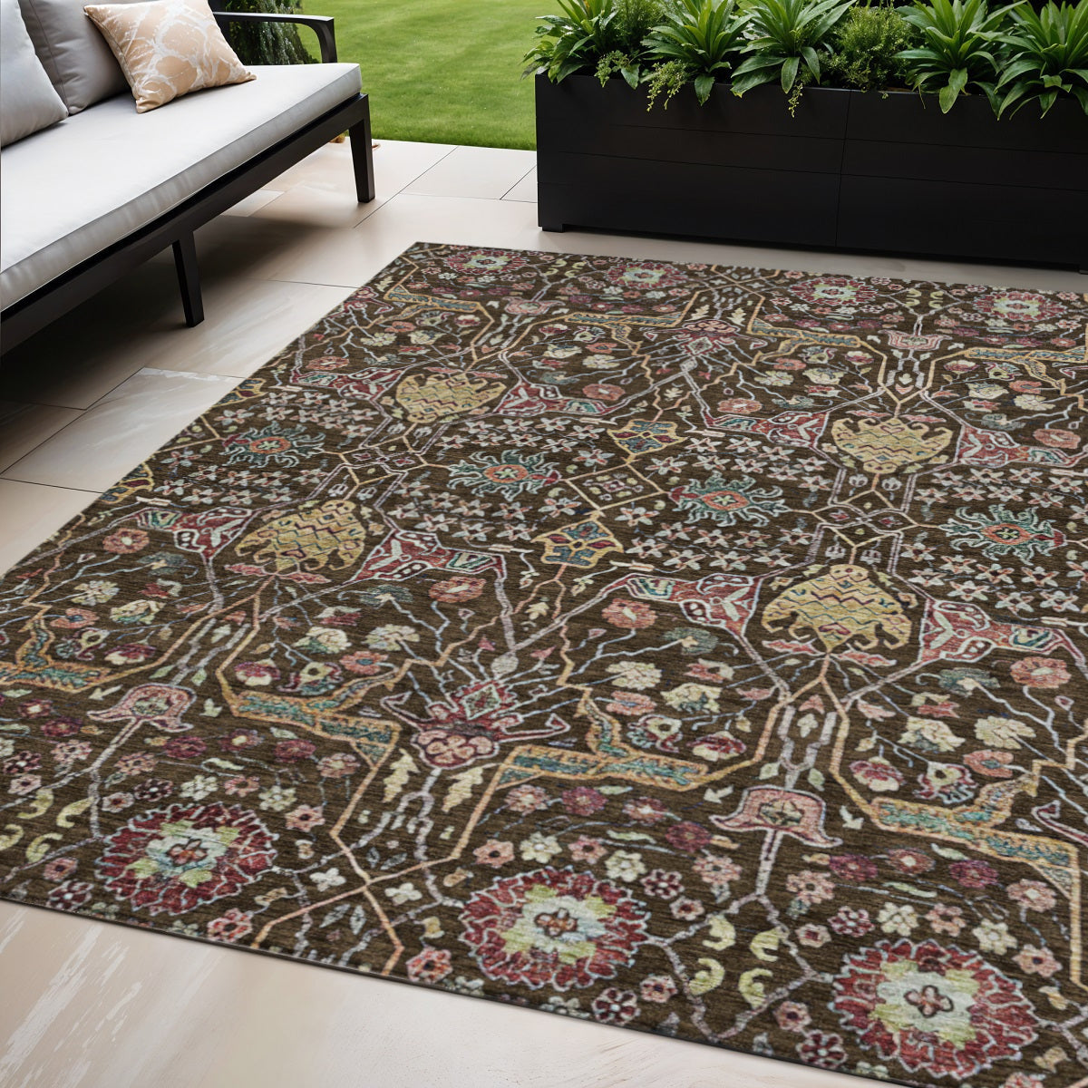 5' X 8' Chocolate Red And Gold Floral Washable Indoor Outdoor Area Rug