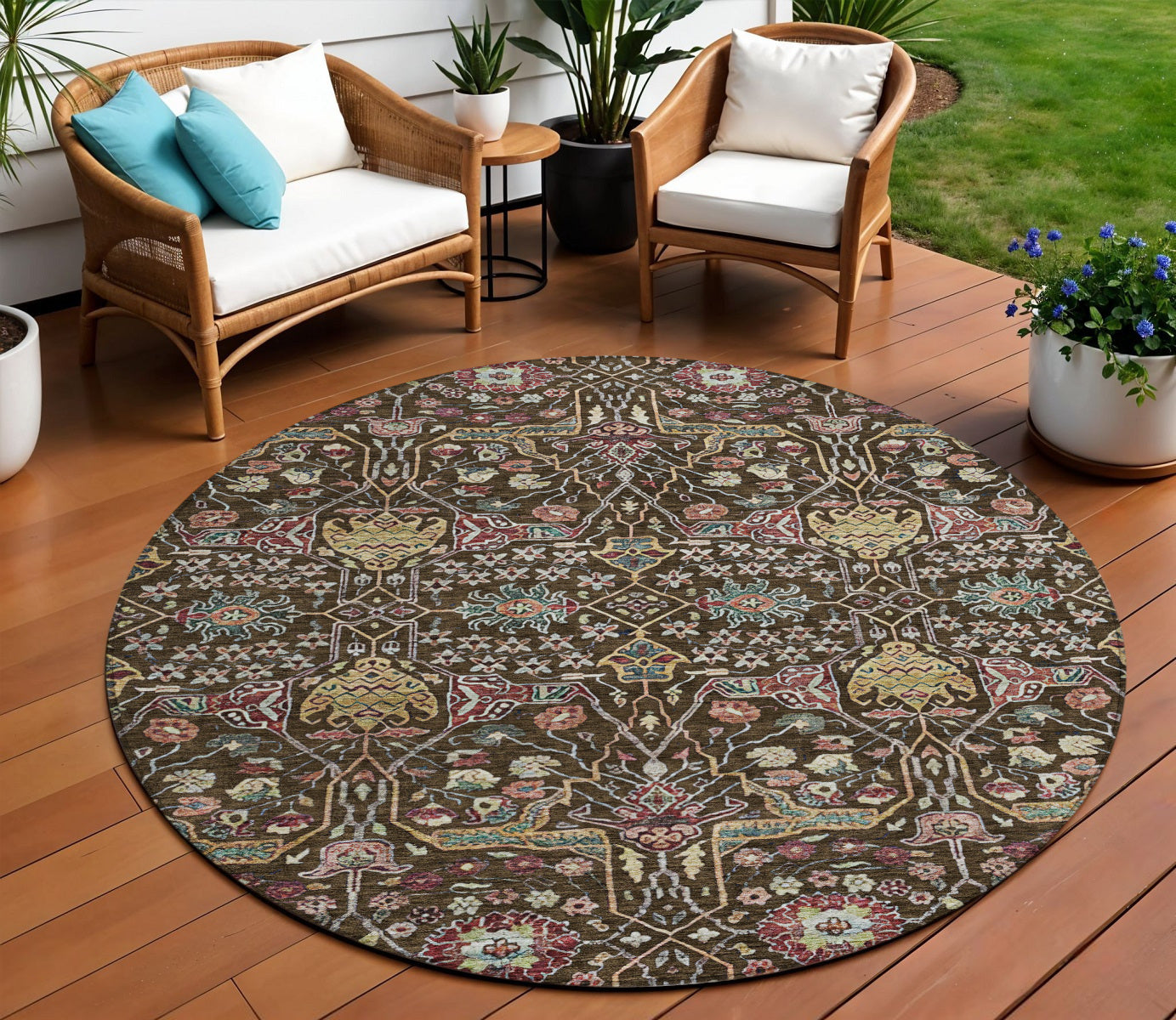 8' Chocolate Red And Gold Round Floral Washable Indoor Outdoor Area Rug