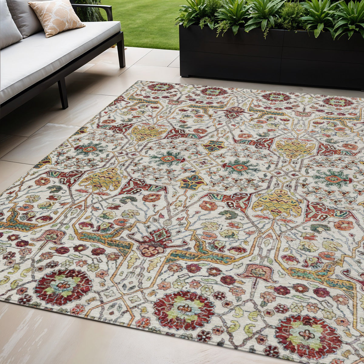 5' X 8' Ivory Red And Green Floral Washable Indoor Outdoor Area Rug