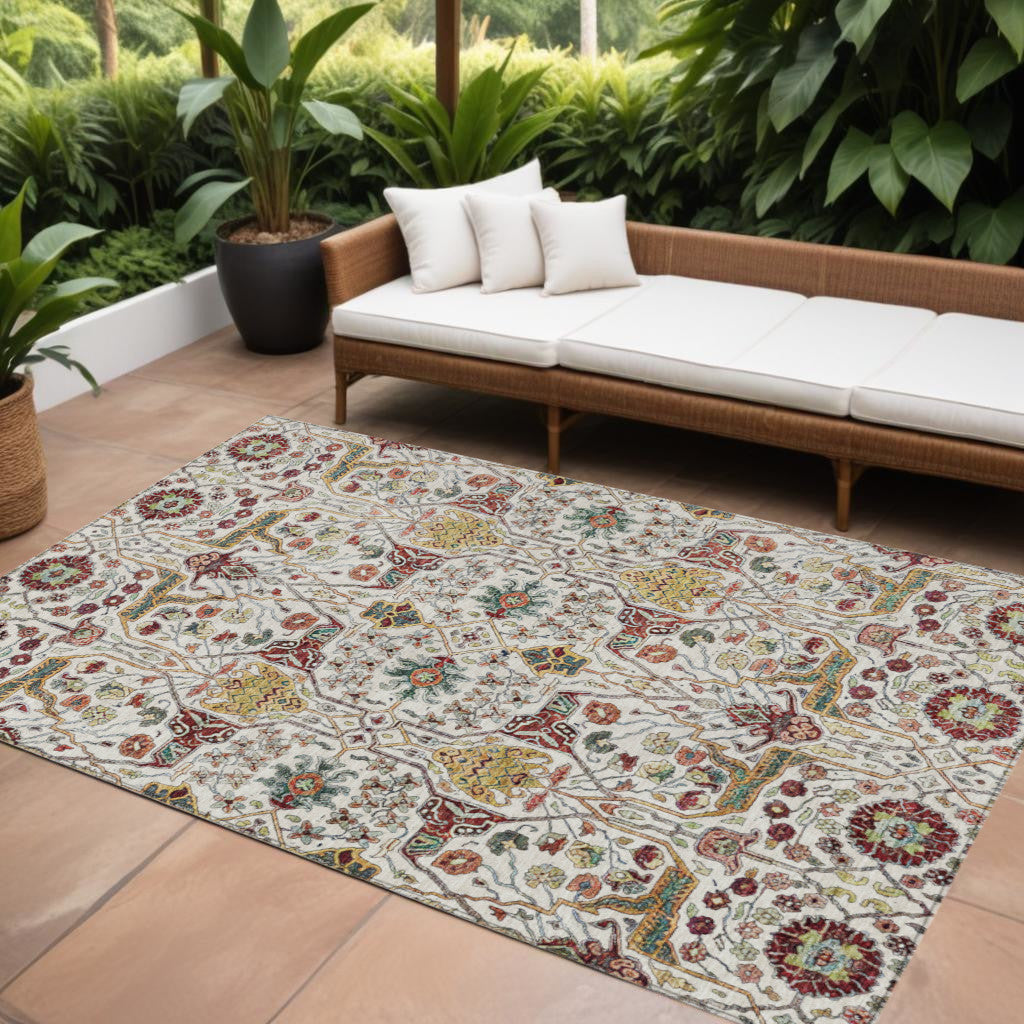 9' X 12' Ivory Red And Green Floral Washable Indoor Outdoor Area Rug