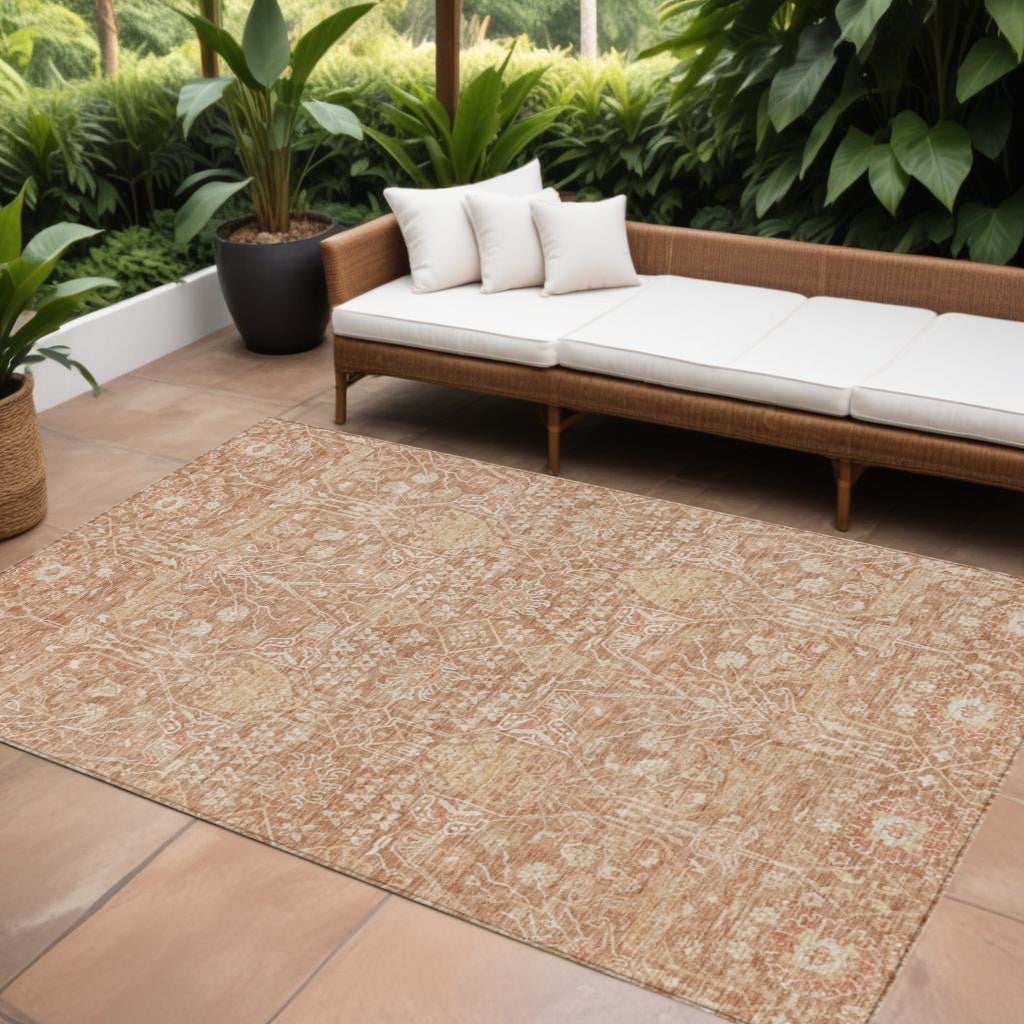 9' X 12' Coral And Ivory Floral Washable Indoor Outdoor Area Rug