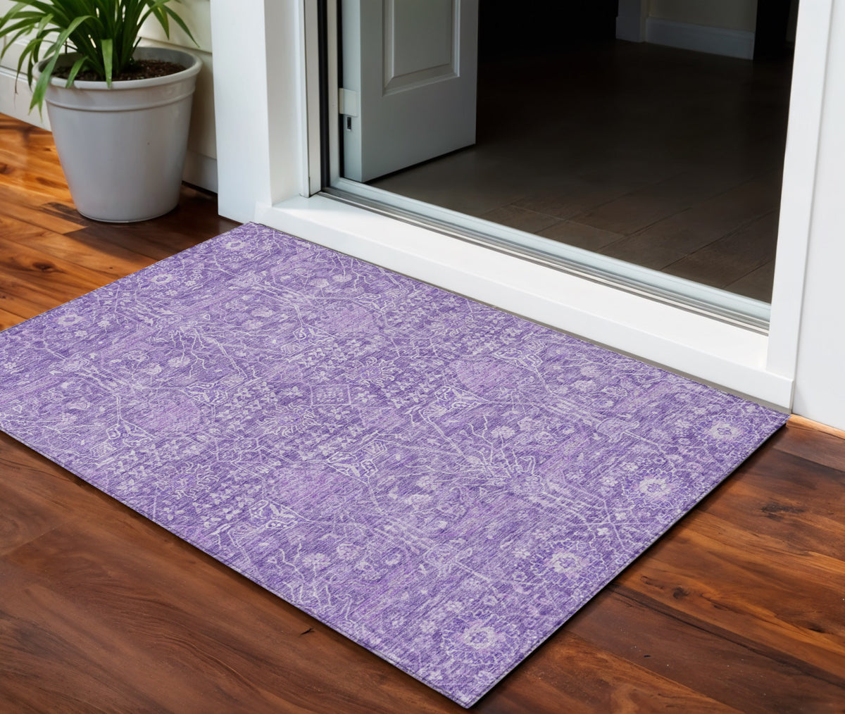 3' X 5' Plum And Lavender Floral Washable Indoor Outdoor Area Rug