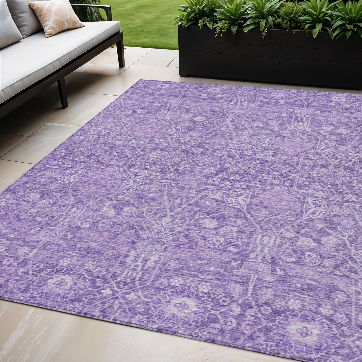 5' X 8' Plum And Lavender Floral Washable Indoor Outdoor Area Rug