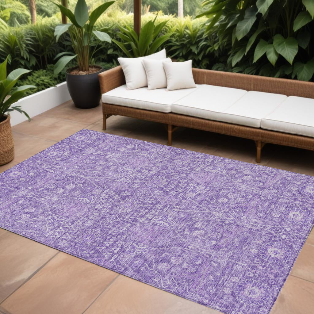 9' X 12' Plum And Lavender Floral Washable Indoor Outdoor Area Rug