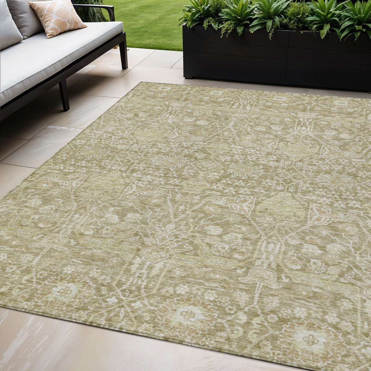 5' X 8' Taupe And Beige Floral Washable Indoor Outdoor Area Rug