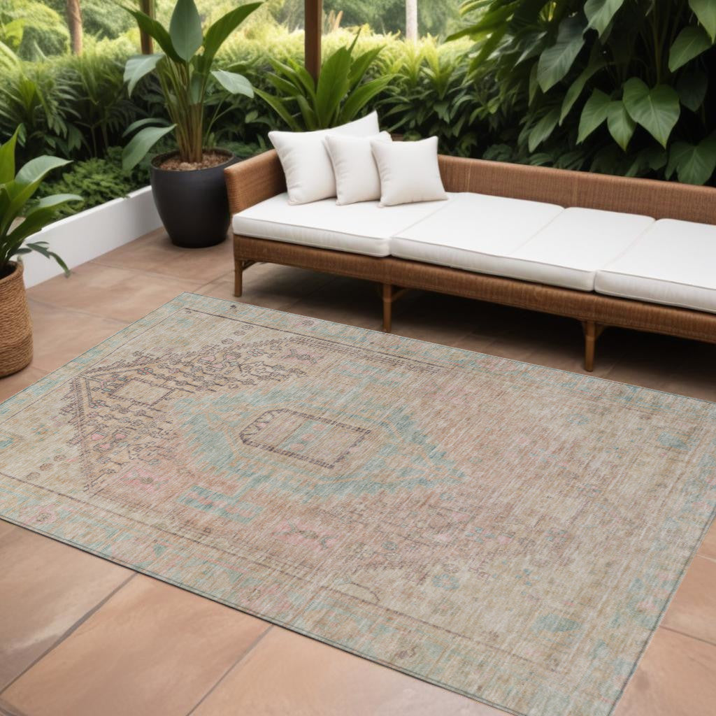 9' X 12' Pink And Sky Blue Oriental Washable Indoor Outdoor Area Rug