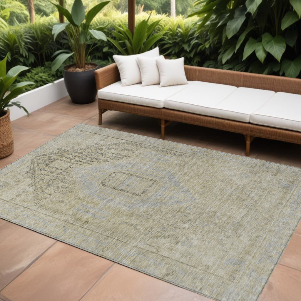 9' X 12' Taupe Light Blue And Gray Oriental Washable Indoor Outdoor Area Rug