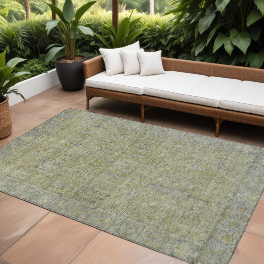 10' X 14' Artichoke Green And Gray Oriental Washable Indoor Outdoor Area Rug