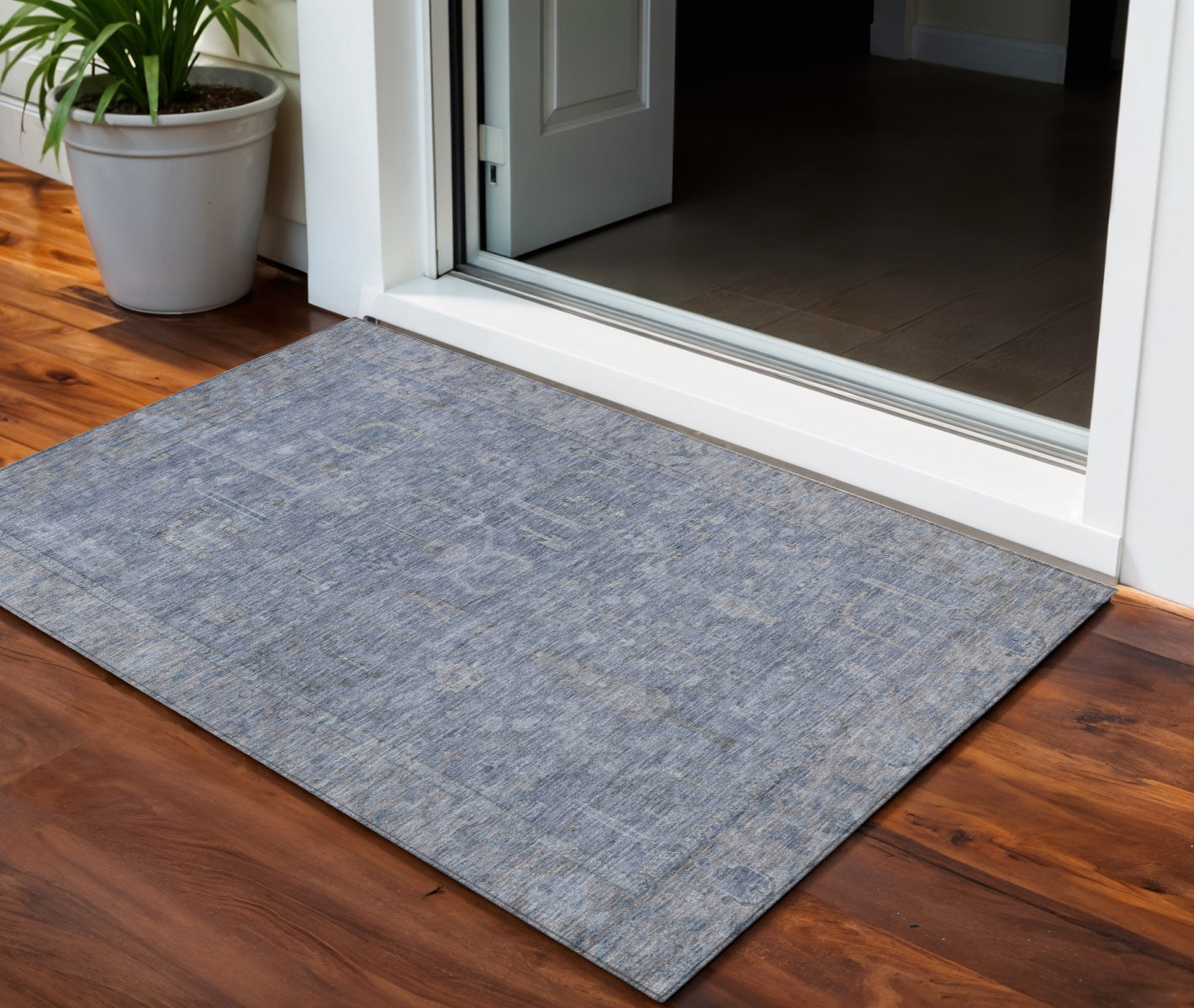 3' X 5' Denim Blue And Gray Oriental Washable Indoor Outdoor Area Rug