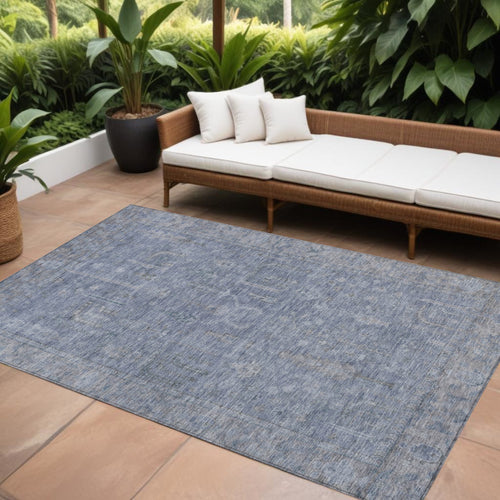 10' X 14' Denim Blue And Gray Oriental Washable Indoor Outdoor Area Rug