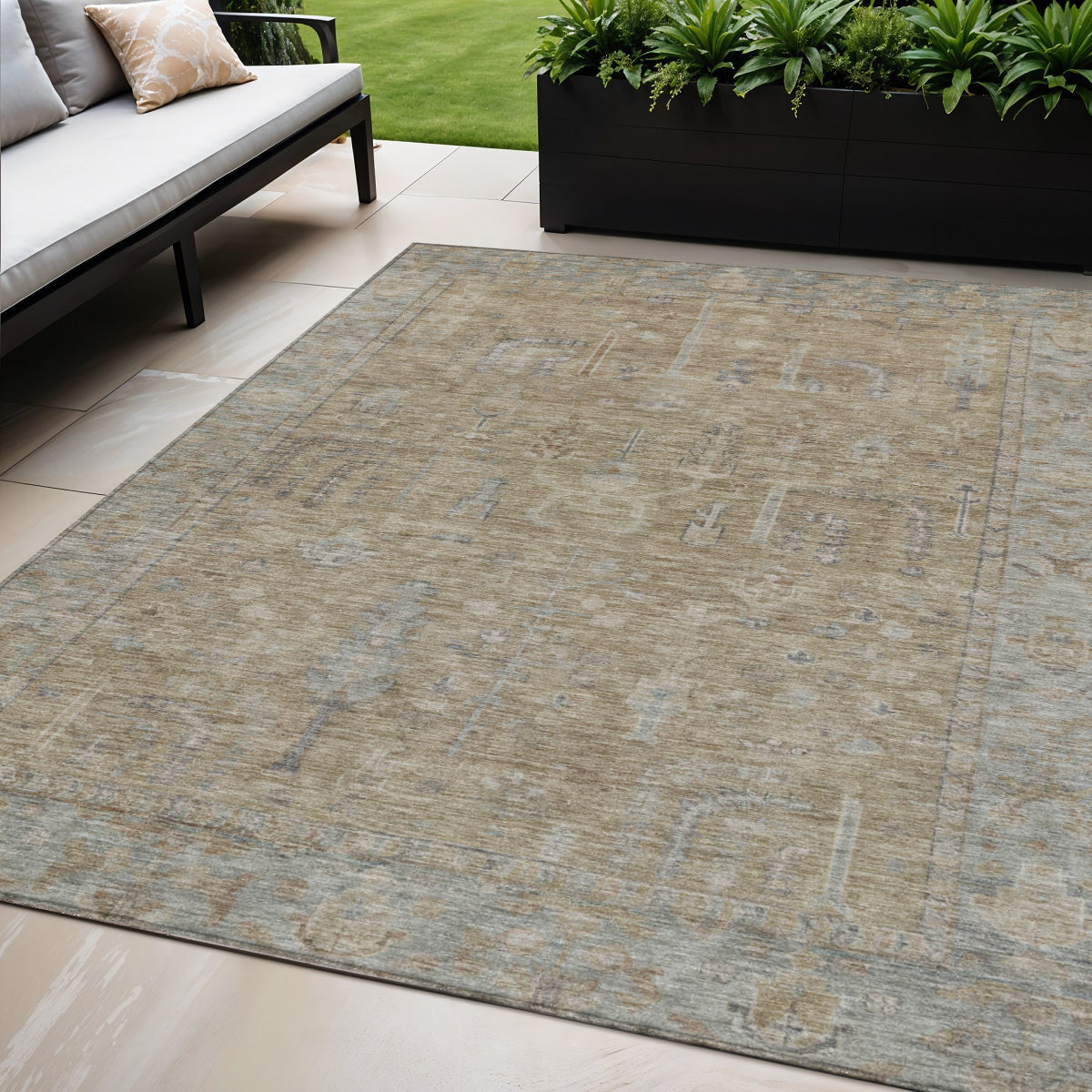 5' X 8' Tan Gray And Brown Oriental Washable Indoor Outdoor Area Rug