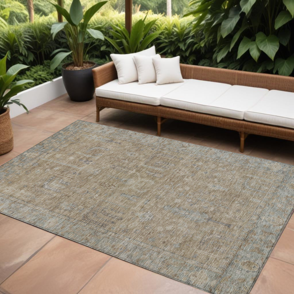 9' X 12' Tan Gray And Brown Oriental Washable Indoor Outdoor Area Rug