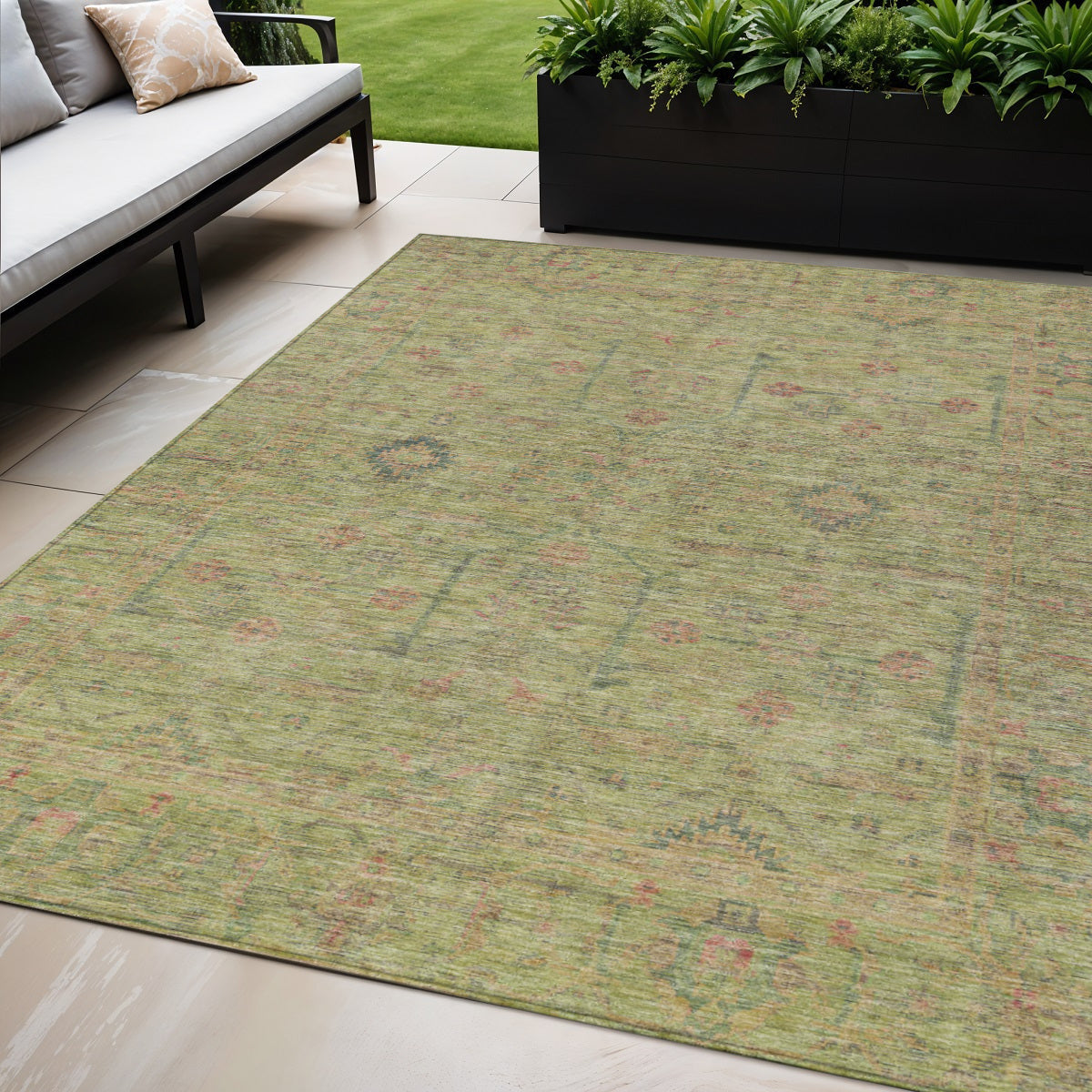5' X 8' Artichoke Green Pink And Tan Floral Washable Indoor Outdoor Area Rug