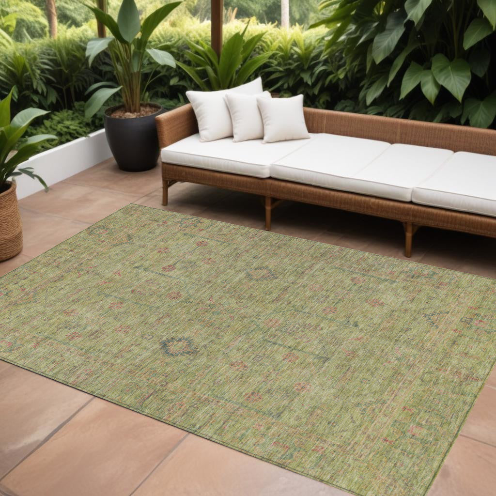 9' X 12' Artichoke Green Pink And Tan Floral Washable Indoor Outdoor Area Rug