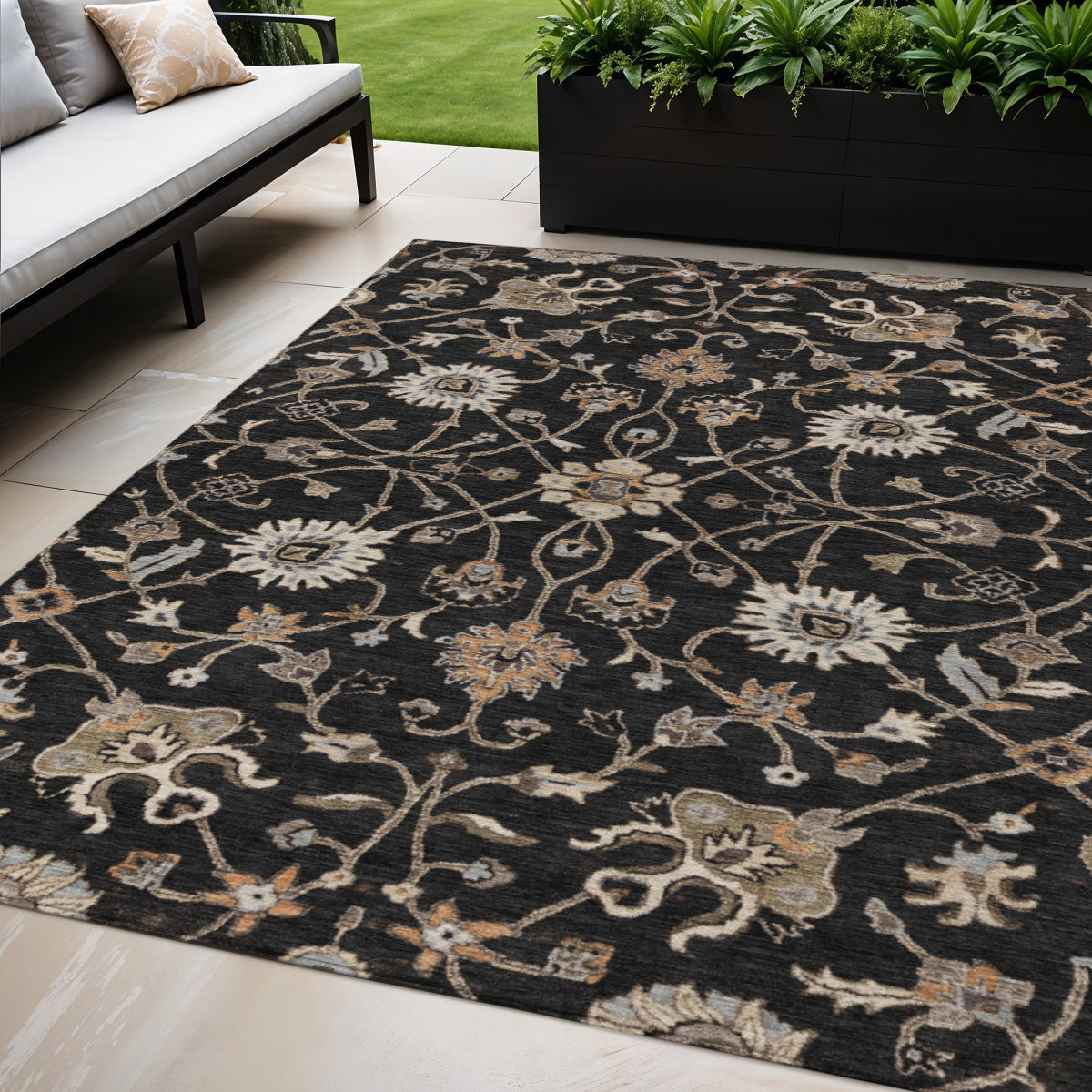 5' X 8' Black Brown And Ivory Floral Washable Indoor Outdoor Area Rug