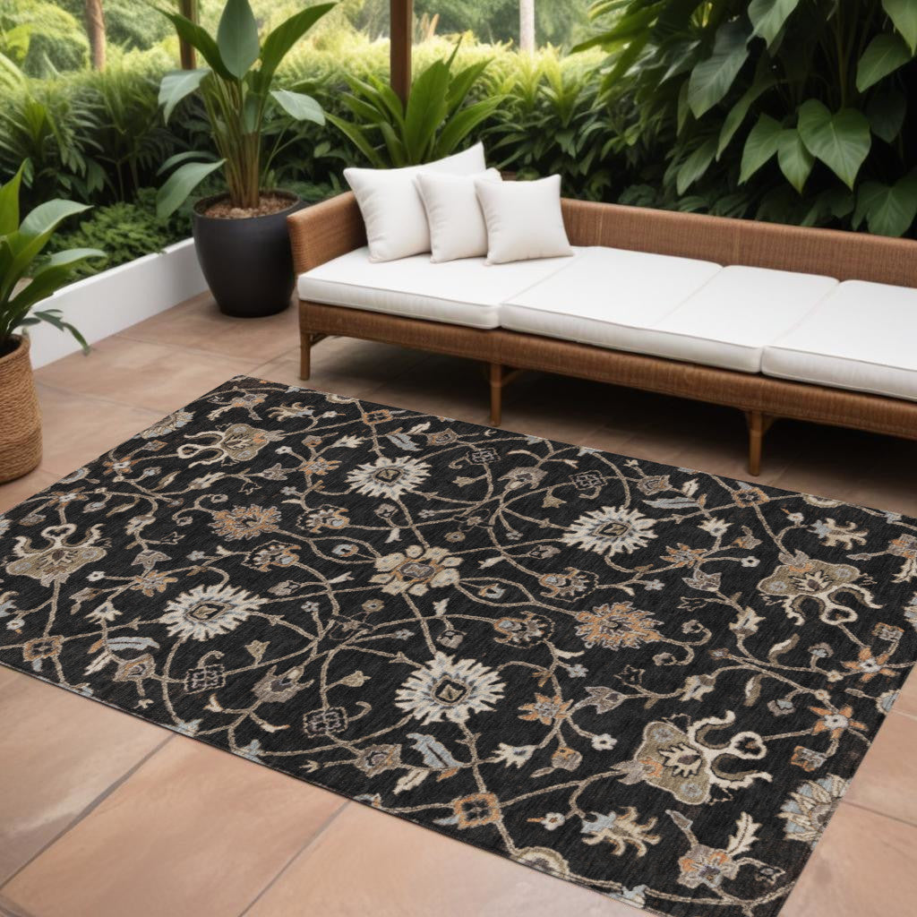 10' X 14' Black Brown And Ivory Floral Washable Indoor Outdoor Area Rug