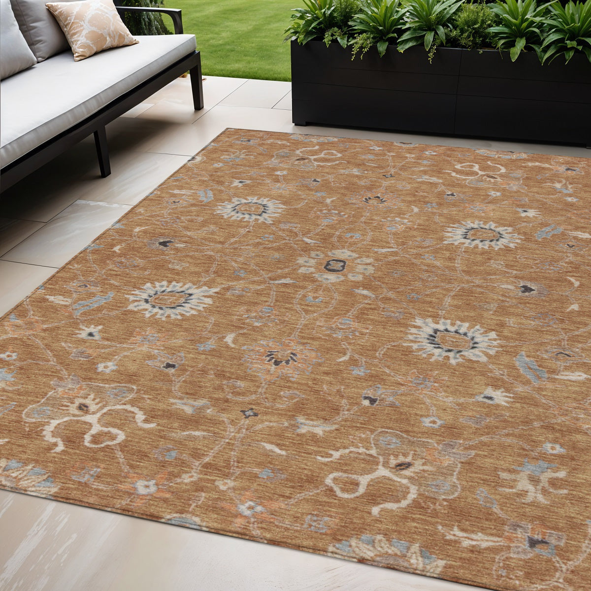 5' X 8' Copper Ivory And Black Floral Washable Indoor Outdoor Area Rug