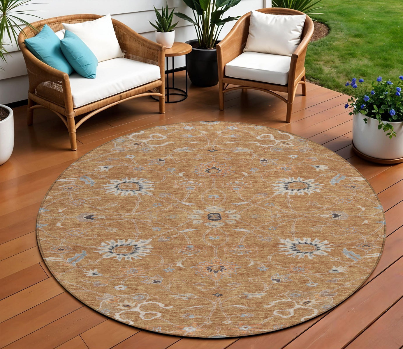 8' Copper Ivory And Black Round Floral Washable Indoor Outdoor Area Rug