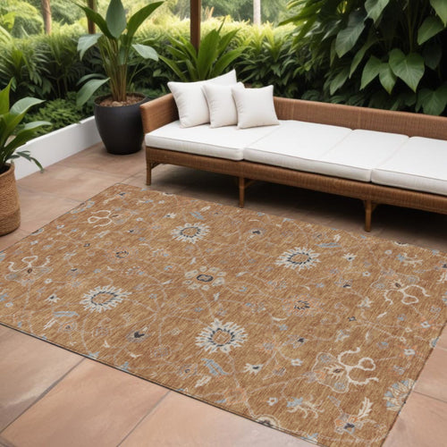 10' X 14' Copper Ivory And Black Floral Washable Indoor Outdoor Area Rug