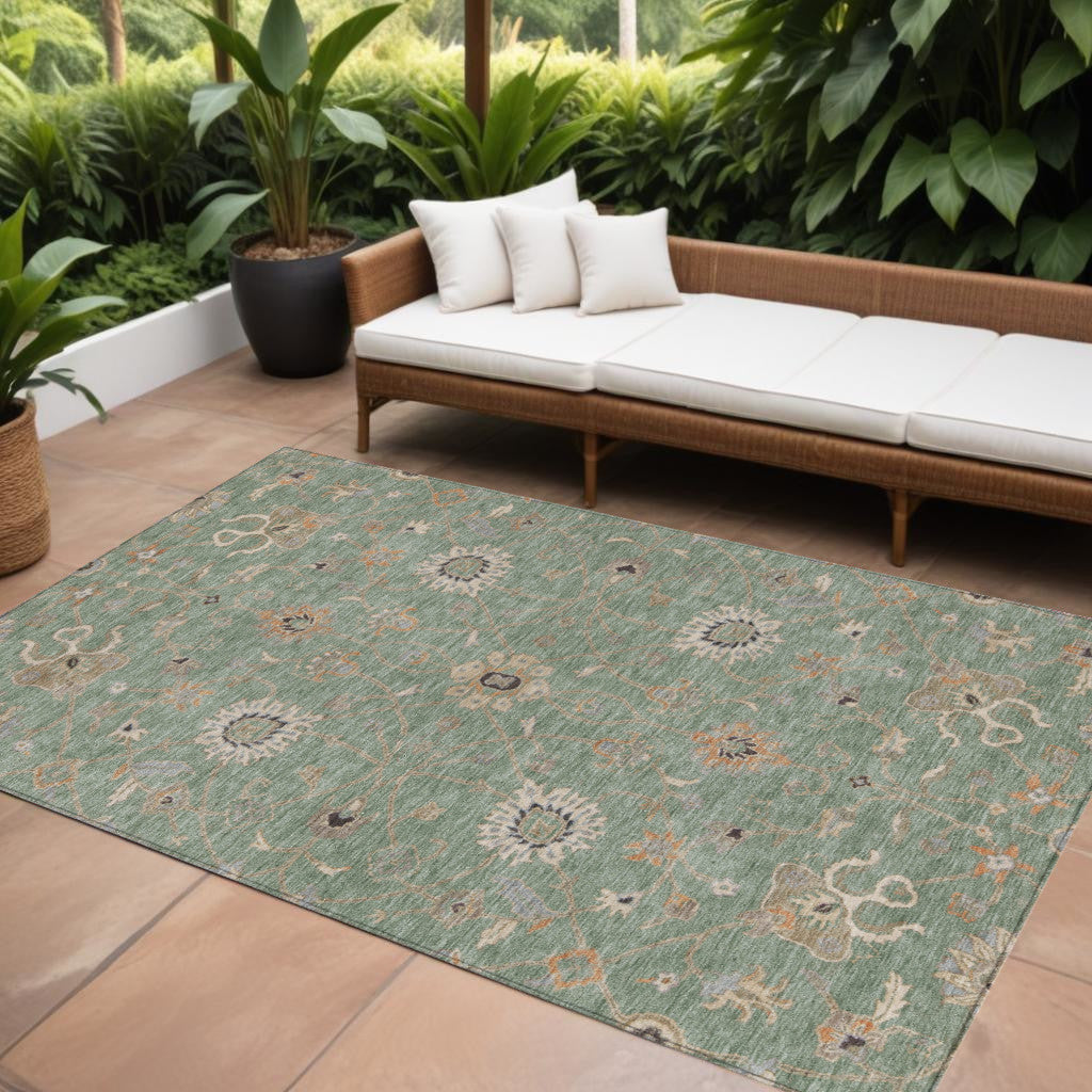 9' X 12' Artichoke Green Ivory And Coral Floral Washable Indoor Outdoor Area Rug