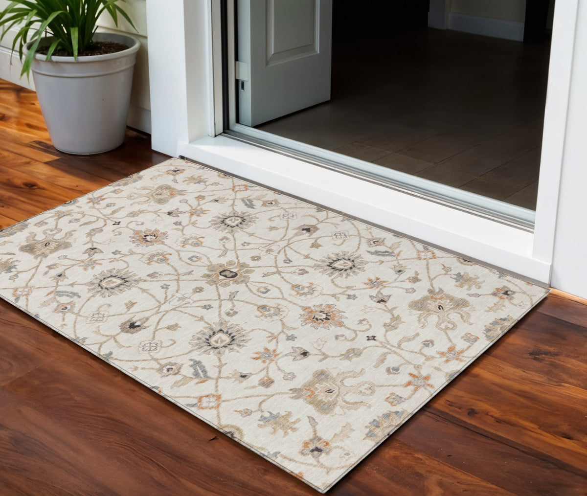 3' X 5' Ivory Brown And Coral Floral Washable Indoor Outdoor Area Rug