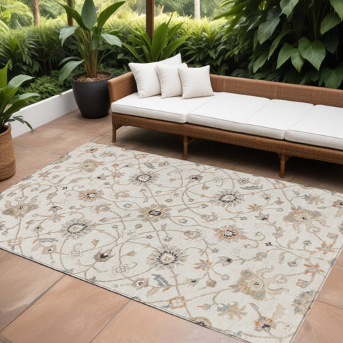 10' X 14' Ivory Brown And Coral Floral Washable Indoor Outdoor Area Rug