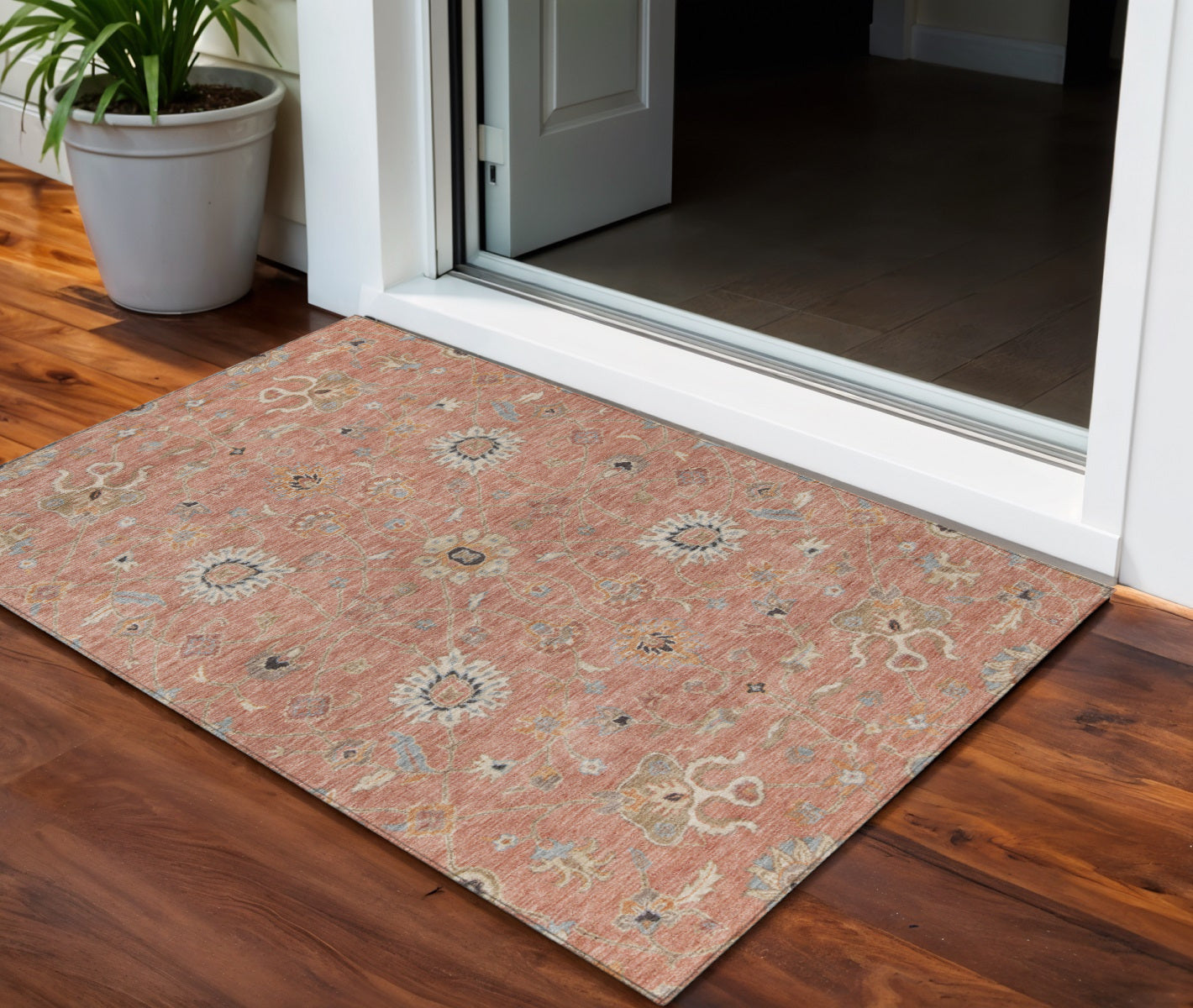 3' X 5' Pink Gray And Beige Floral Washable Indoor Outdoor Area Rug