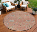 8' Pink Gray And Beige Round Floral Washable Indoor Outdoor Area Rug