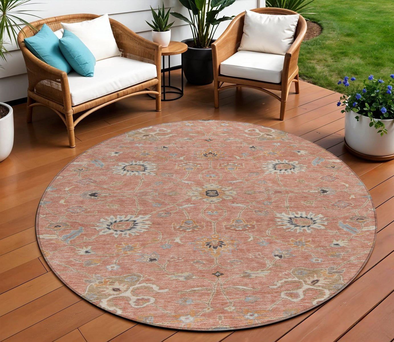 8' Pink Gray And Beige Round Floral Washable Indoor Outdoor Area Rug