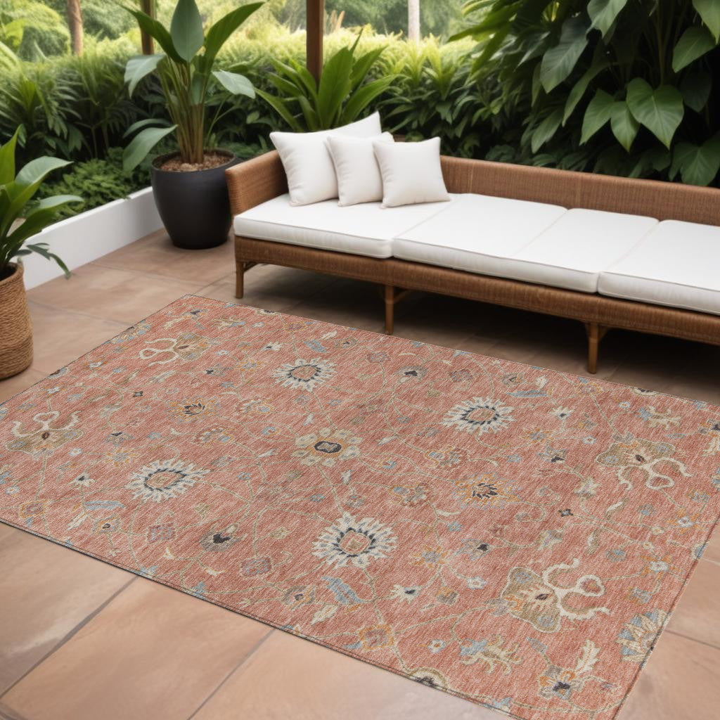 9' X 12' Pink Gray And Beige Floral Washable Indoor Outdoor Area Rug