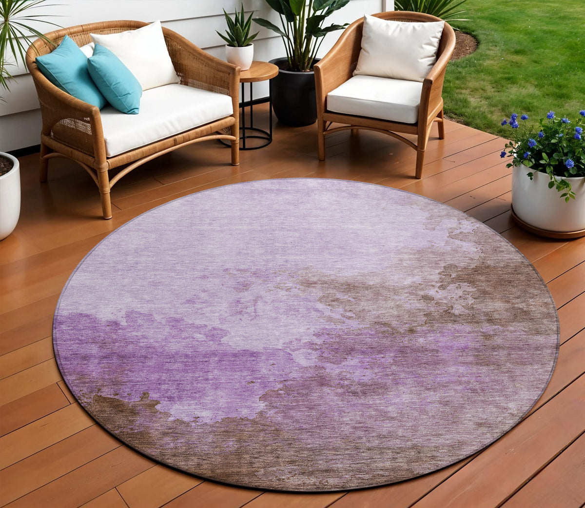 8' Lavender Brown And Ivory Round Abstract Washable Indoor Outdoor Area Rug