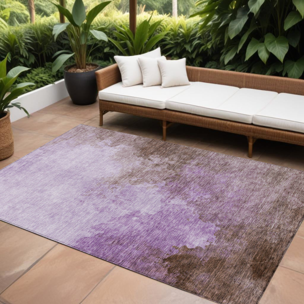 9' X 12' Lavender Brown And Ivory Abstract Washable Indoor Outdoor Area Rug