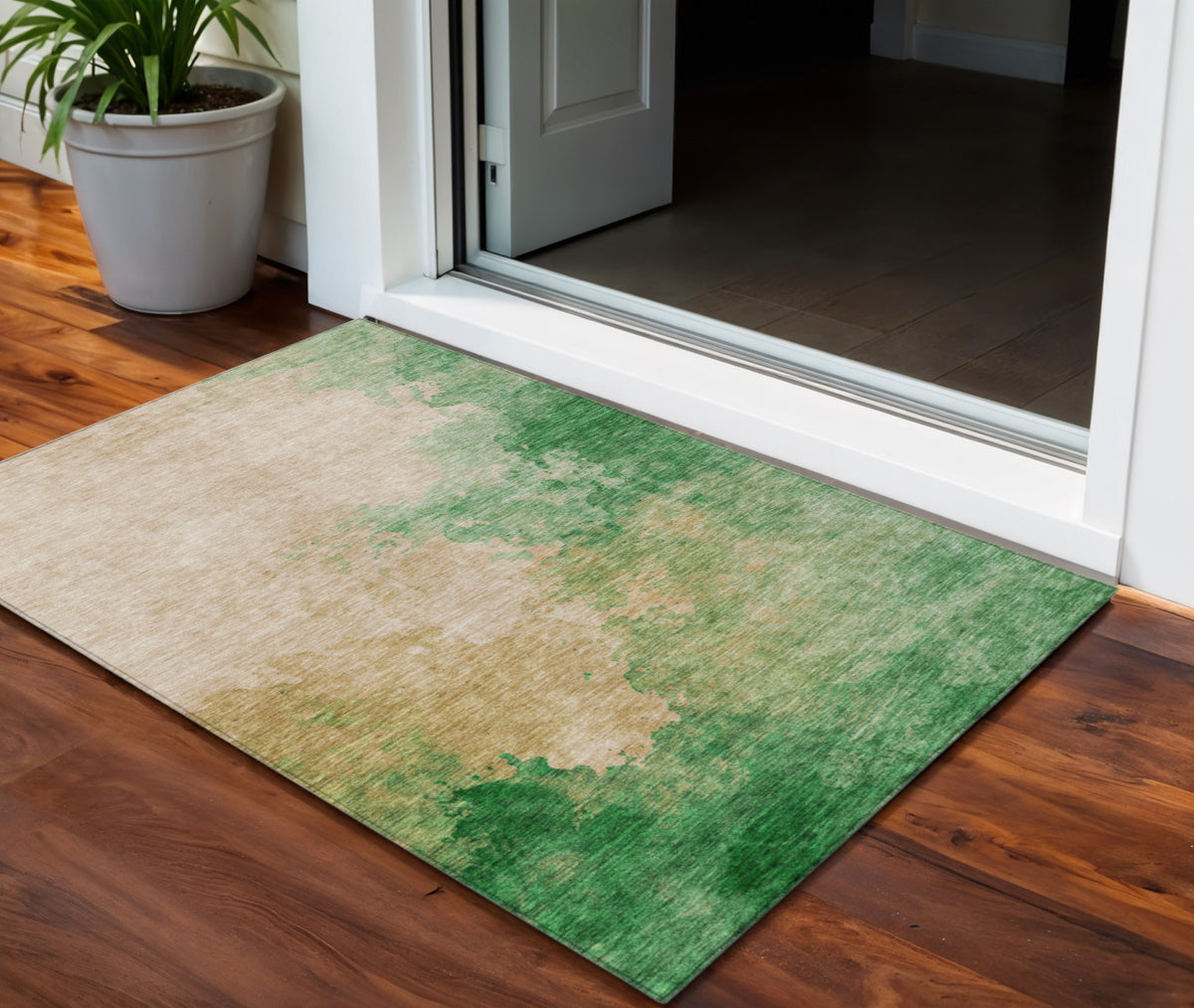3' X 5' Peach And Green Abstract Washable Indoor Outdoor Area Rug