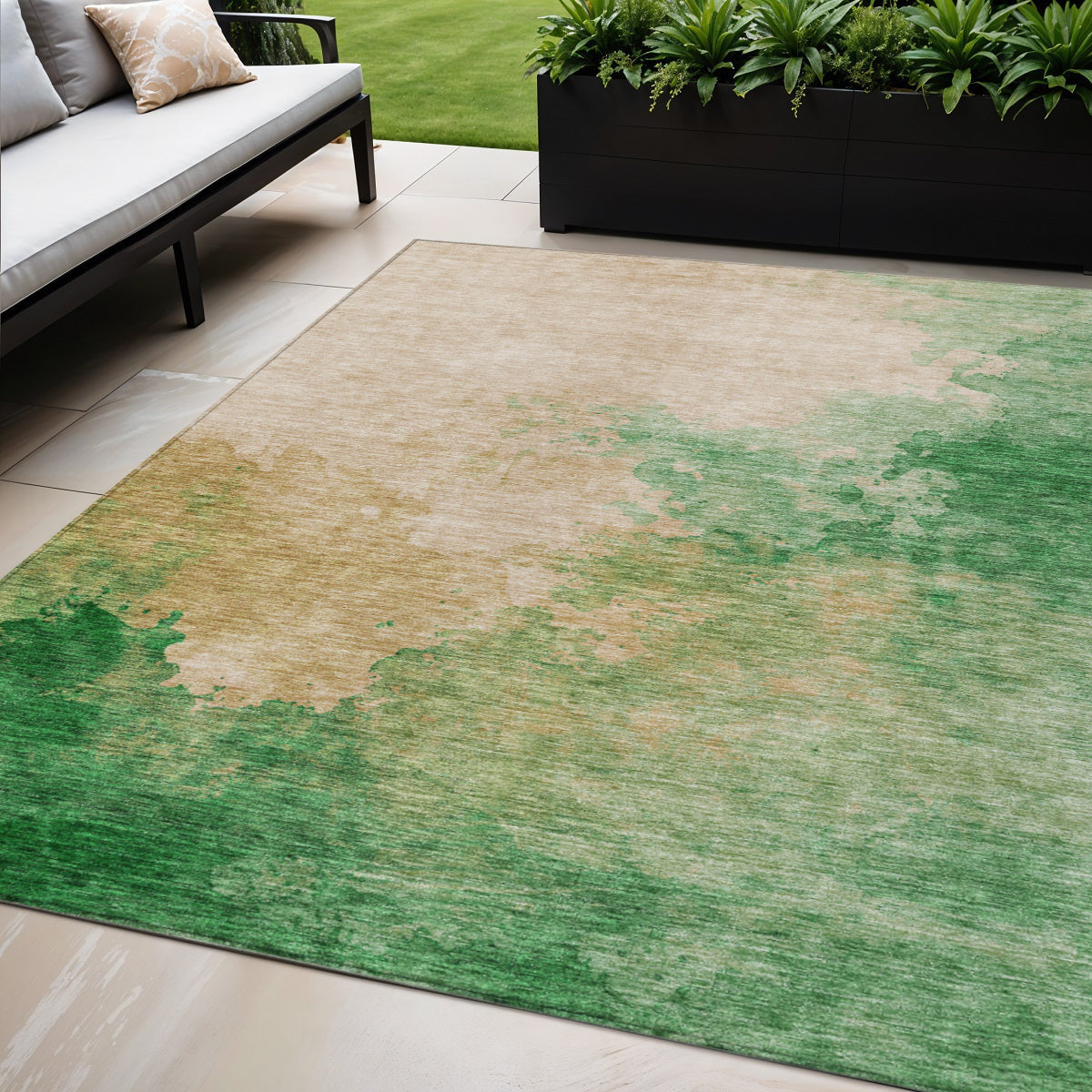 5' X 8' Peach And Green Abstract Washable Indoor Outdoor Area Rug