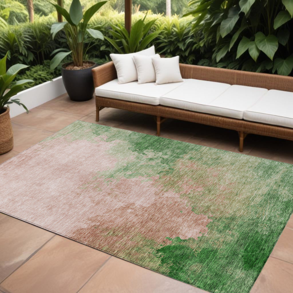 8' X 10' Pink And Green Abstract Washable Indoor Outdoor Area Rug