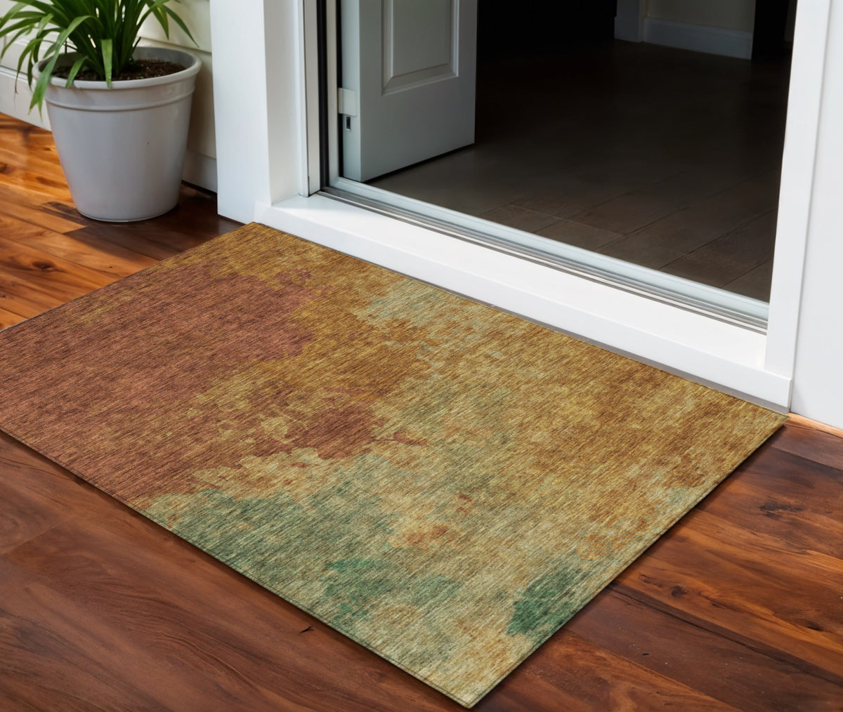 3' X 5' Terra Cotta Copper And Green Abstract Washable Indoor Outdoor Area Rug