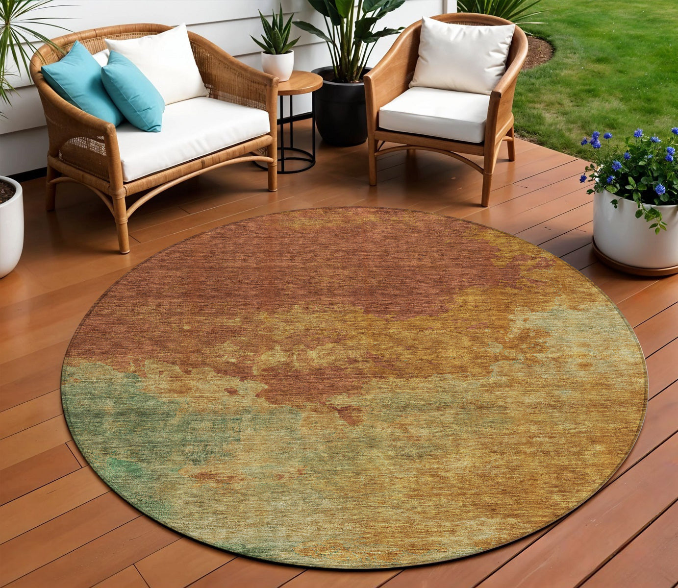 8' Terra Cotta Copper And Green Round Abstract Washable Indoor Outdoor Area Rug