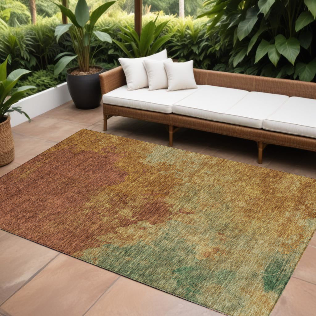9' X 12' Terra Cotta Copper And Green Abstract Washable Indoor Outdoor Area Rug